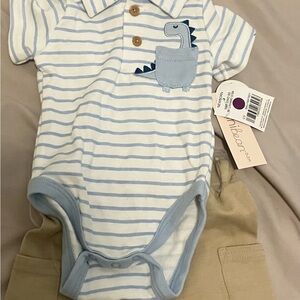 Striped Dinosaur Baby Onesie with Khaki Shorts